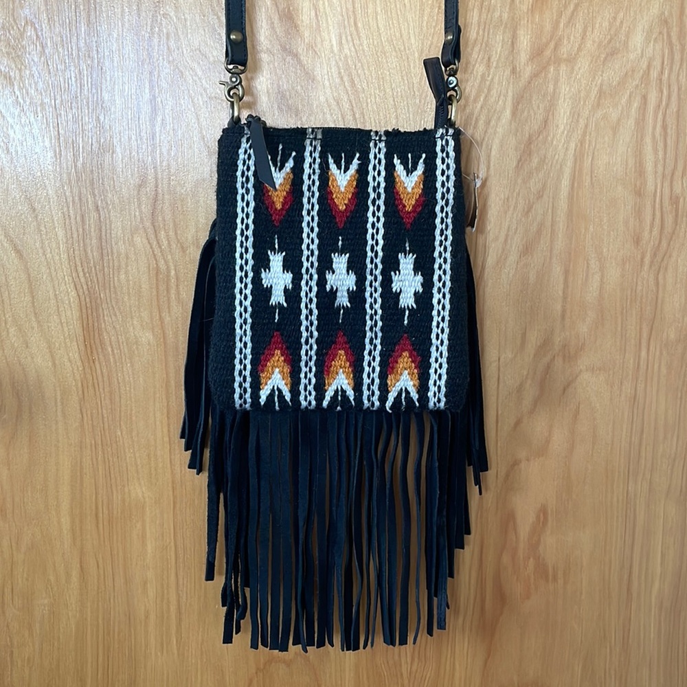 NWT Leather Suede Woven Crossbody Bag Leather Fringes Adjustable Strap Western